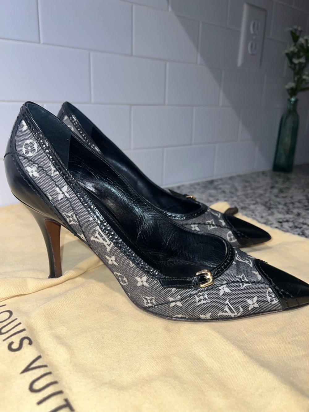 Louis Vuitton Monogram Canvas Pointed-Toe Pumps in Gray and Black AUTHENTIC